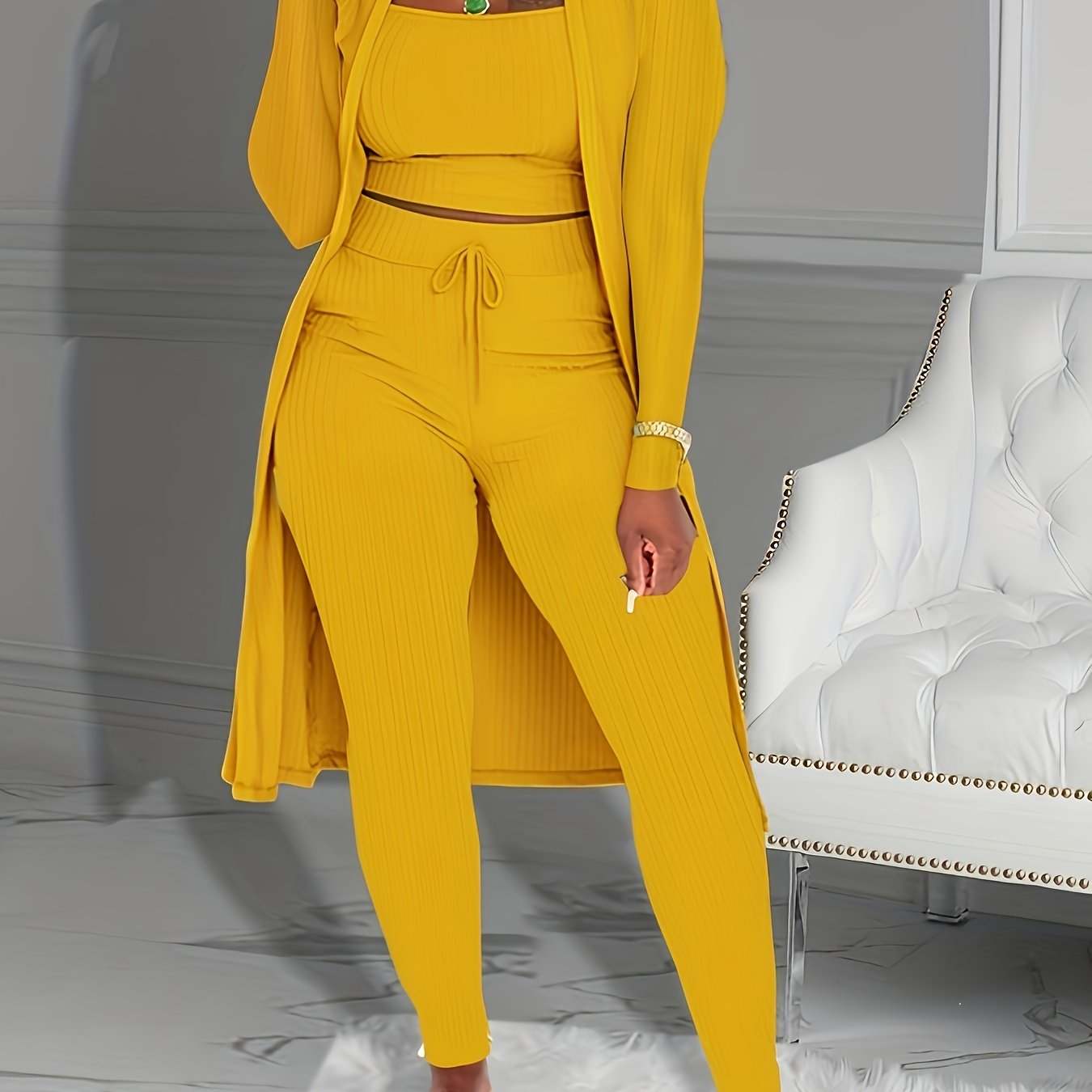 Casual Ribbed 3pcs Set, Crop Tank Top + High Waist Drawstring Pants + Longline Cardigan Outfits, Women's Clothing - SMSB 66