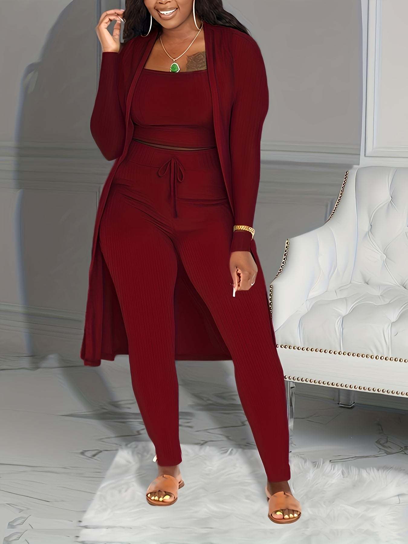 Casual Ribbed 3pcs Set, Crop Tank Top + High Waist Drawstring Pants + Longline Cardigan Outfits, Women's Clothing - SMSB 66