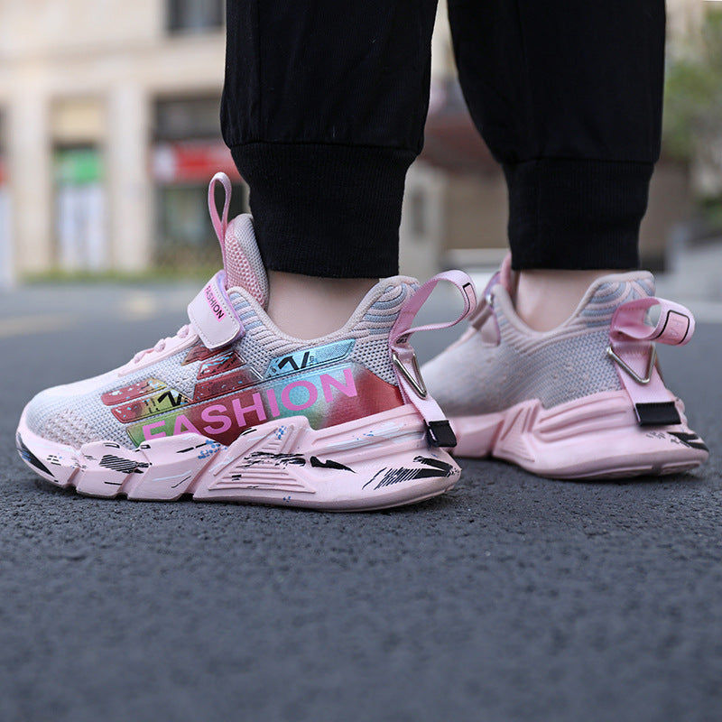 Spring And Summer New Flying Woven Upper Children's Casual Shoes Thick Sole Sneakers Girls Trendy Shoes Mesh Shoes - SMSB 66