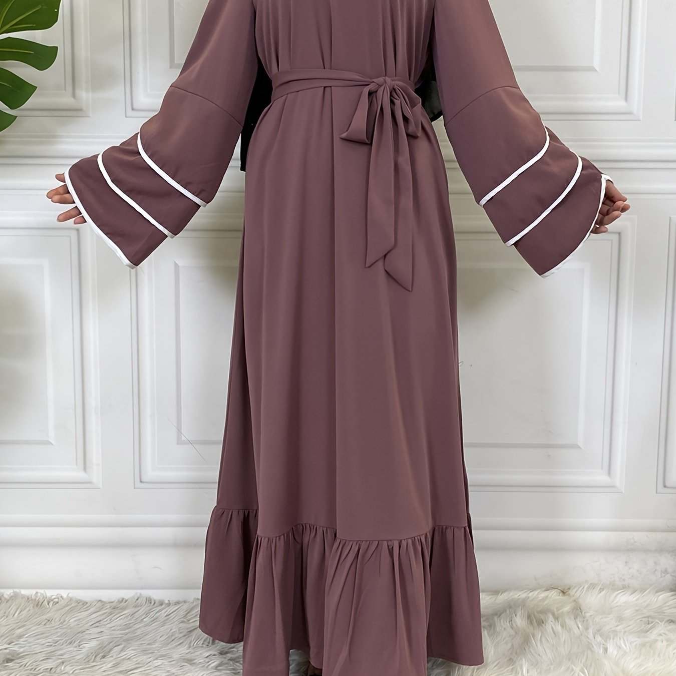 Solid Petal Sleeve Crew Neck Loose Modest Dress, Elegant Tie Waist Ruffled Hem Dress, Women's Clothing - SMSB 66