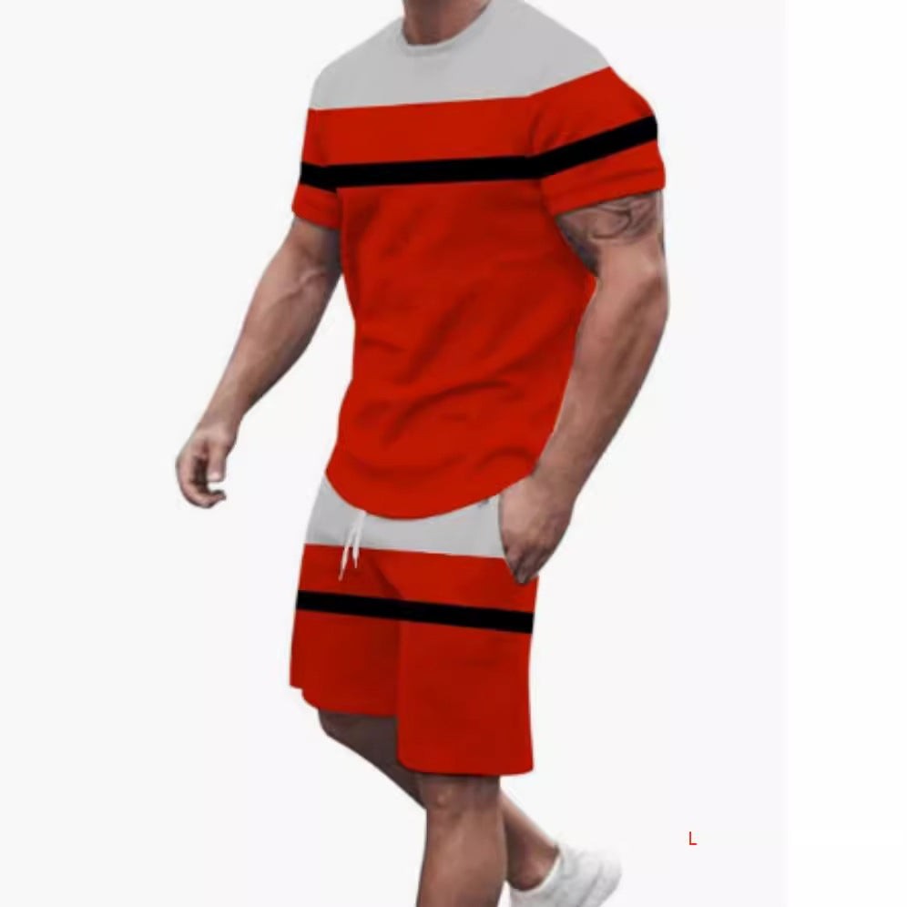 Men's casual T-shirt and shorts two-piece sportswear in red and gray with black stripes, short sleeves, polyester blend fabric.