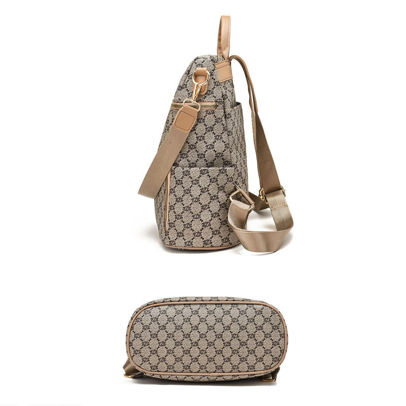 Women's double shoulder casual backpack in khaki PU leather with print pattern and zipper pockets