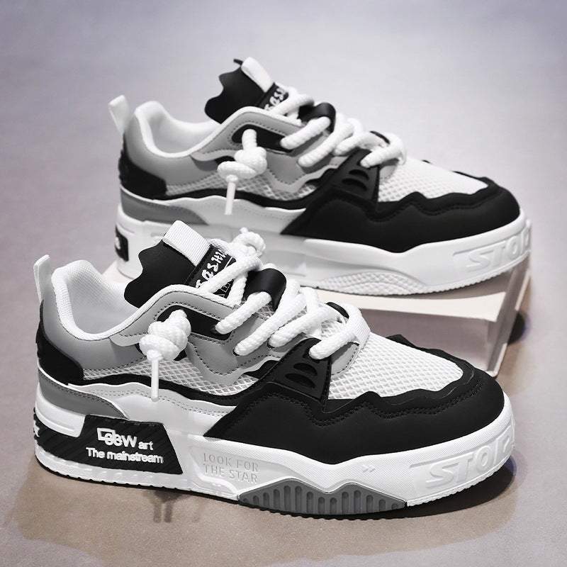 Men's Four Seasons stylish all-match white and black low-top sneakers with soft rubber soles and mesh lining