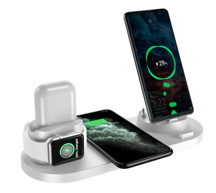 6 in 1 white wireless charger for iPhone, phone, AirPods, and Apple Watch fast charging dock station