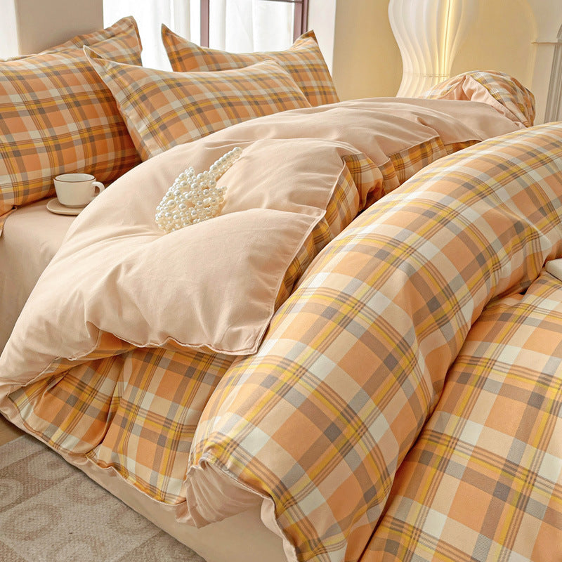 Minimalist Pure Water-Washed Cotton Bedding Set Flannel Grid Good Quality Fitted Sheet Version Student Dormitory Three-Piece Set - SMSB 66