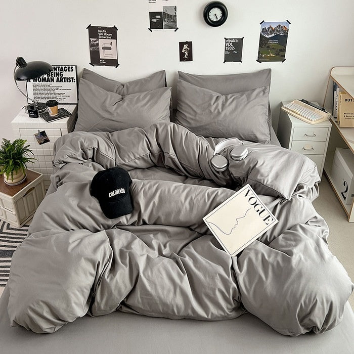 Washed Cotton Solid Color Double Spliced Four-Piece Bedding Set - Sheet, Quilt Cover, Pillowcases for Employee and Dormitory Use - SMSB 66