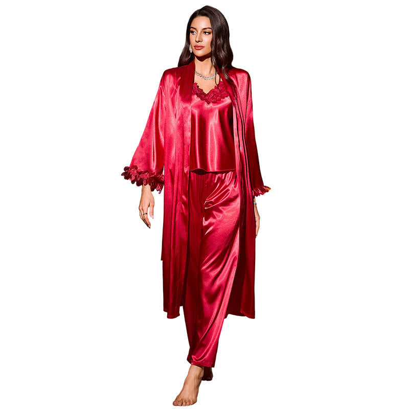 Comfortable Wearable at Home Camisole Shorts Robe Three-Piece Set - SMSB 66