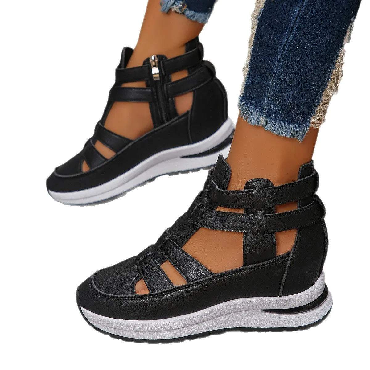 Women's close-toed hollow-out platform sandals in black with white sole, featuring Velcro fastening and round toe design.