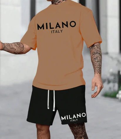 European and American style round neck short sleeve suit in camel color with Milano Italy print, polyester fabric, medium length pullover and shorts set