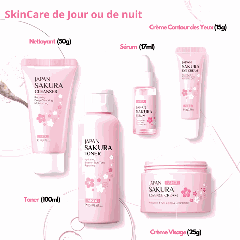 Nettoyant Visage Sakura skincare set with cleanser, toner, serum, eye cream, and face cream featuring cherry blossom ingredients