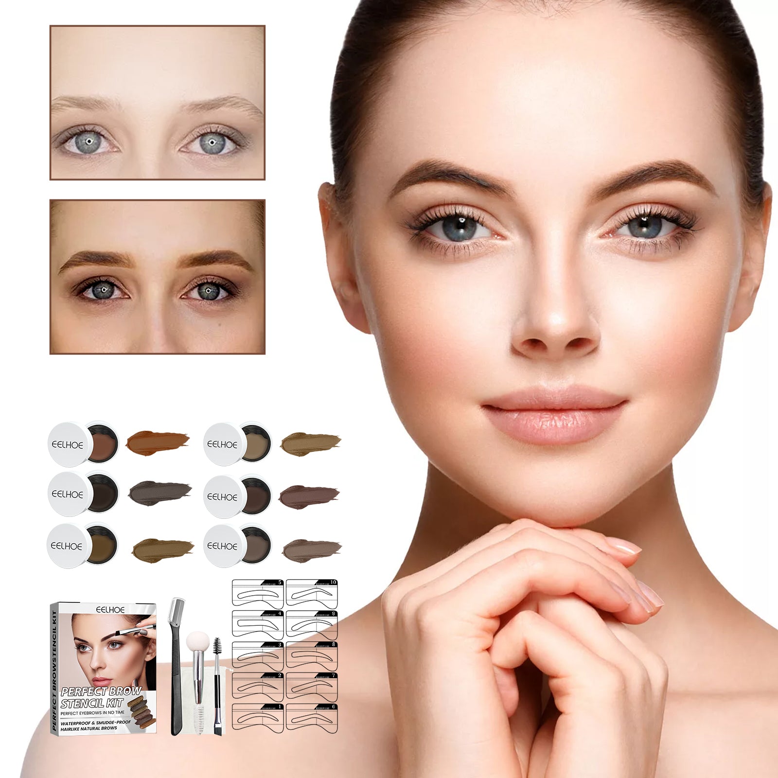 EELHOE Perfect Brow Stencil Kit, Waterproof Smooth Easy Color No Smudge No Makeup Natural Three-Dimensional Eyebrow Cream - SMSB 66