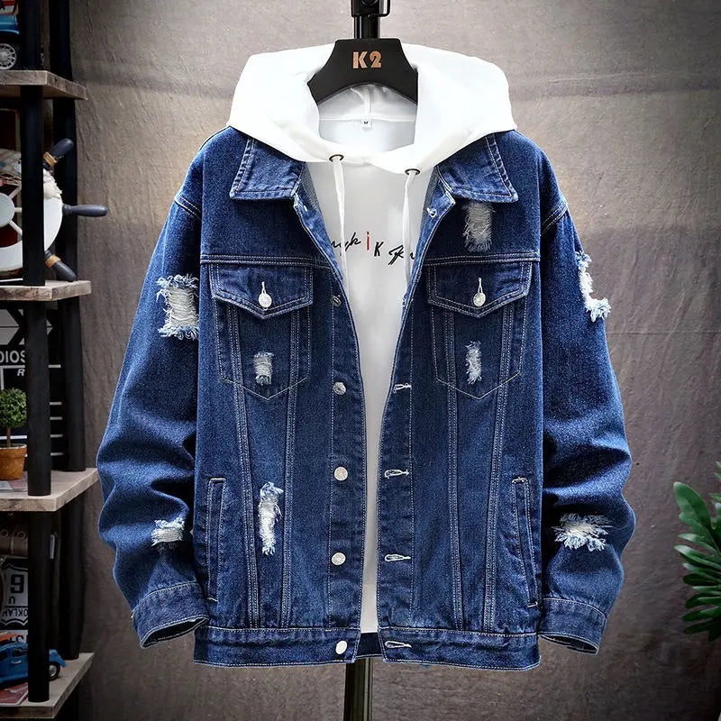 Spring and Autumn Fashion Casual Korean-Style Ripped Men's Denim Jacket, Washed Solid Color Denim Coat eprolo