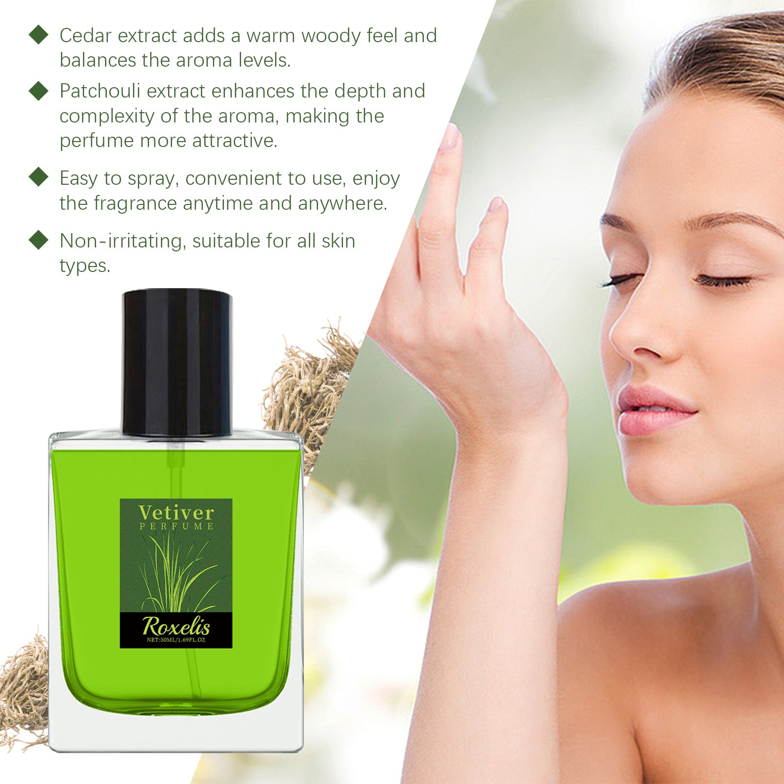 Roxelis Vetiver Fresh Perfume Exudes Charm Natural Fresh Elegant Fragrance Stay Fragrance Everyday Portable Fragrance Perfume - SMSB 66