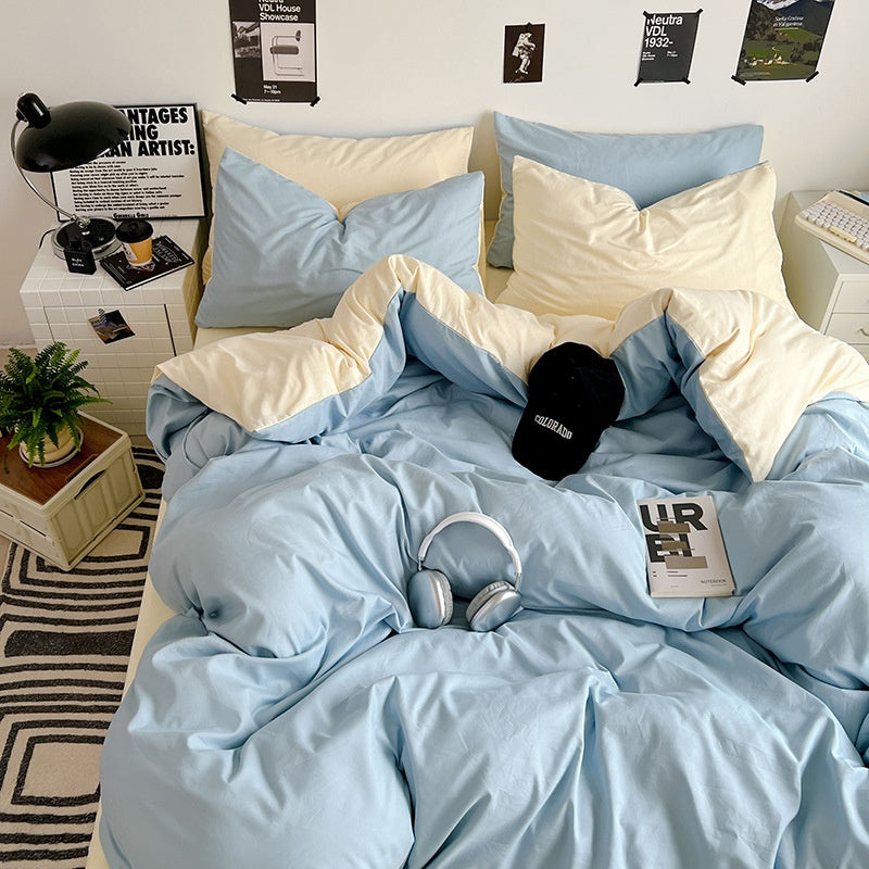 Washed Cotton Solid Color Double Spliced Four-Piece Bedding Set - Sheet, Quilt Cover, Pillowcases for Employee and Dormitory Use - SMSB 66