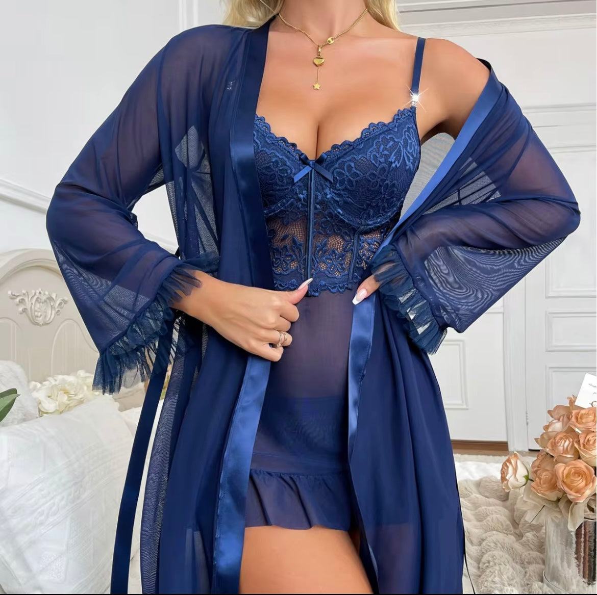 Vente en gros dentelle voir à travers glands nœud robes sexy lingerie imprimé floral ensemble de vêtements de nuit sexy - SMSB 66