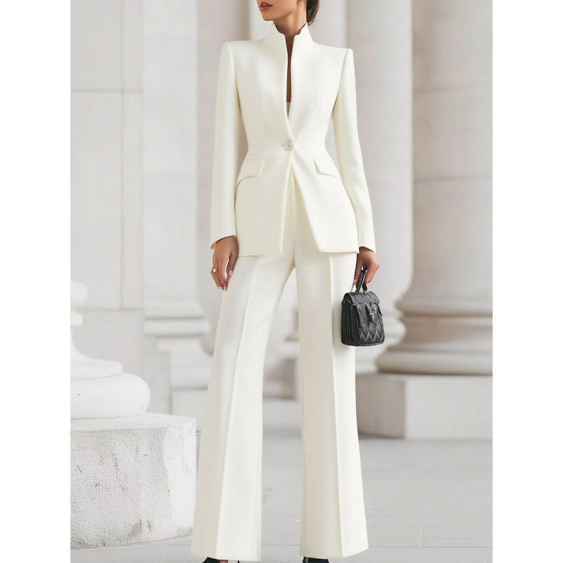 Solid color pocket one button small suit+long suit pants two-piece set