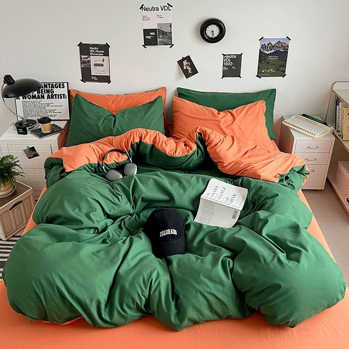 Washed Cotton Solid Color Double Spliced Four-Piece Bedding Set - Sheet, Quilt Cover, Pillowcases for Employee and Dormitory Use - SMSB 66