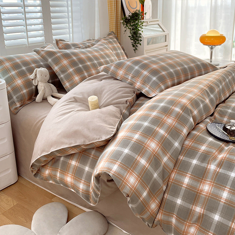 Minimalist Pure Water-Washed Cotton Bedding Set Flannel Grid Good Quality Fitted Sheet Version Student Dormitory Three-Piece Set - SMSB 66