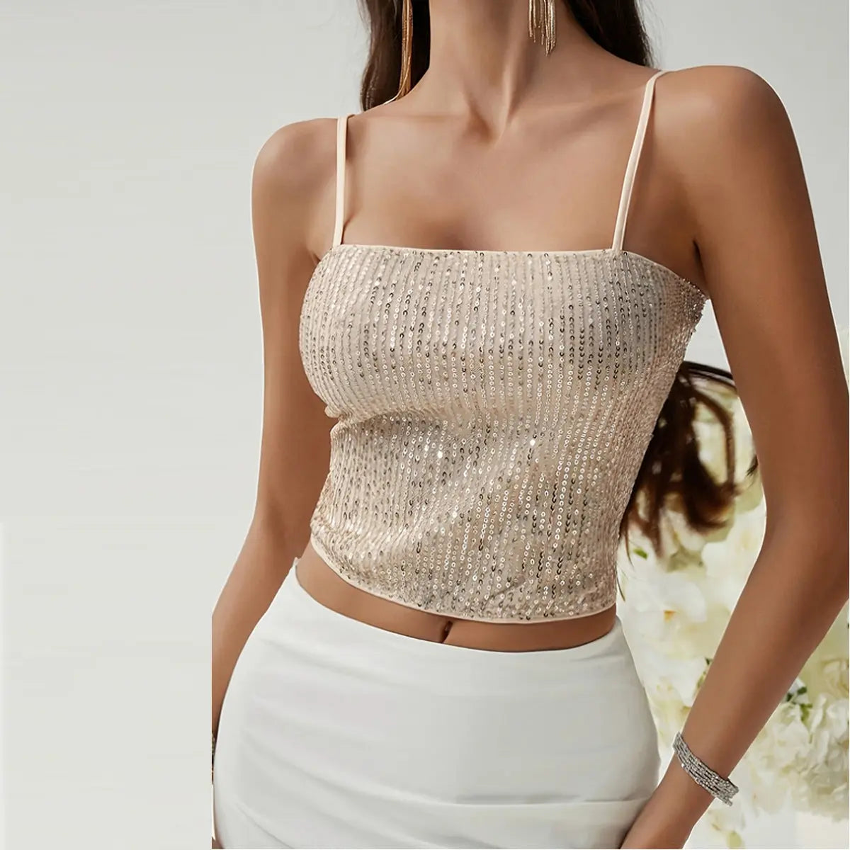 Bare navel and backless sequined camisole top for women eprolo