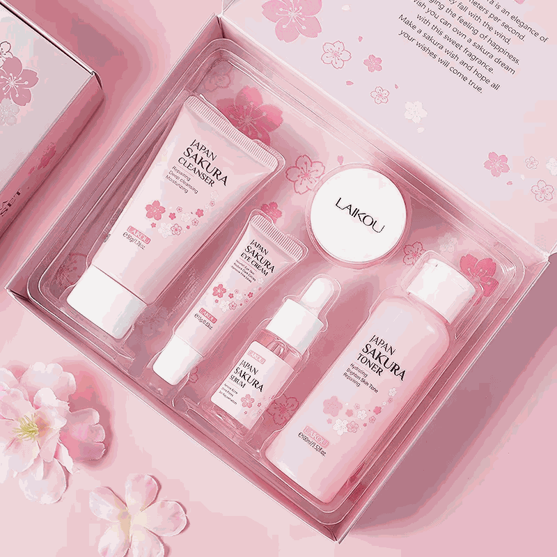 Skinkare Japonaise Laikou Nettoyant Visage Sakura skincare set with cleanser, toner, serum, eye cream and face cream in pink packaging with cherry blossom design