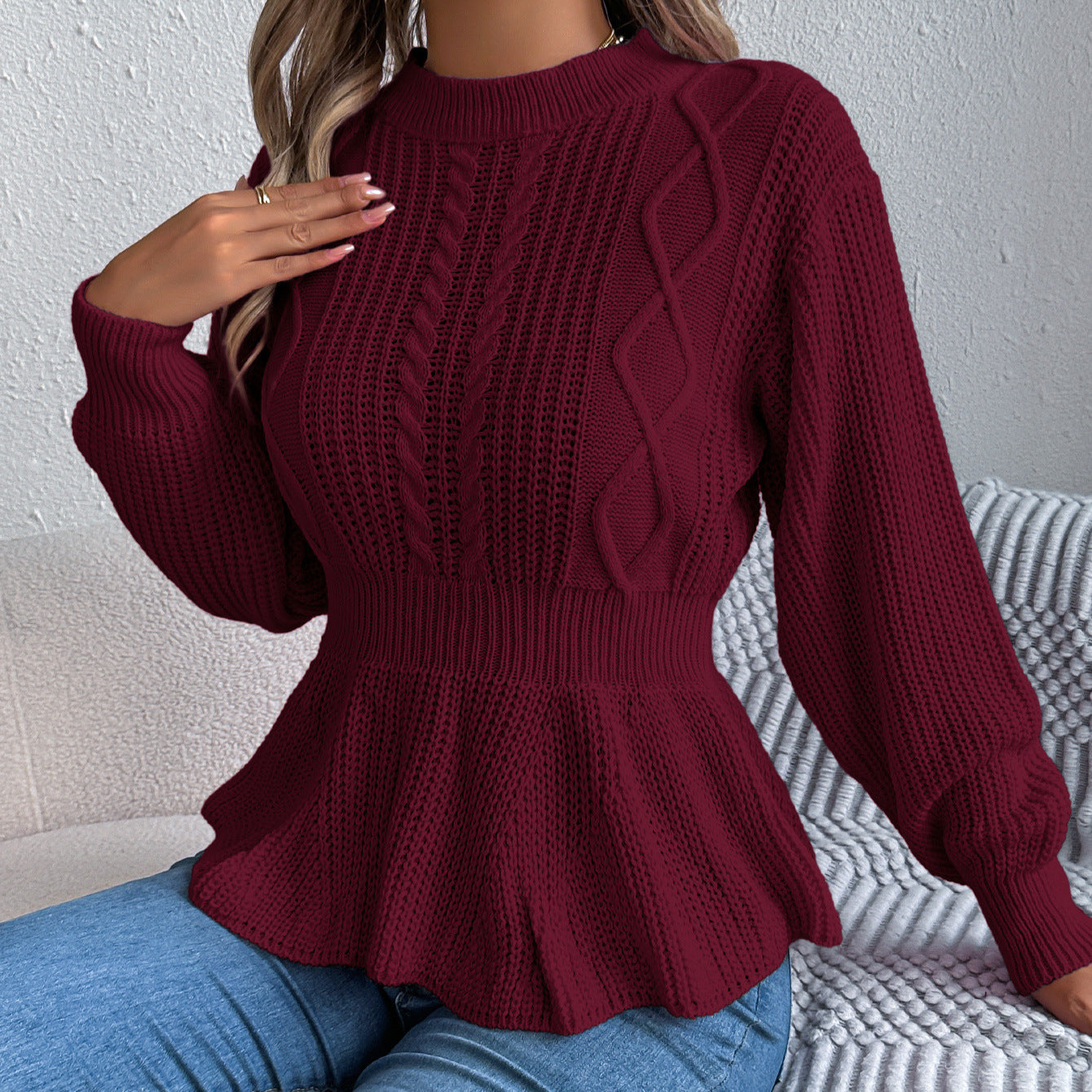 Fried Dough Twists waistband ruffle long sleeve pullover sweater - SMSB 66