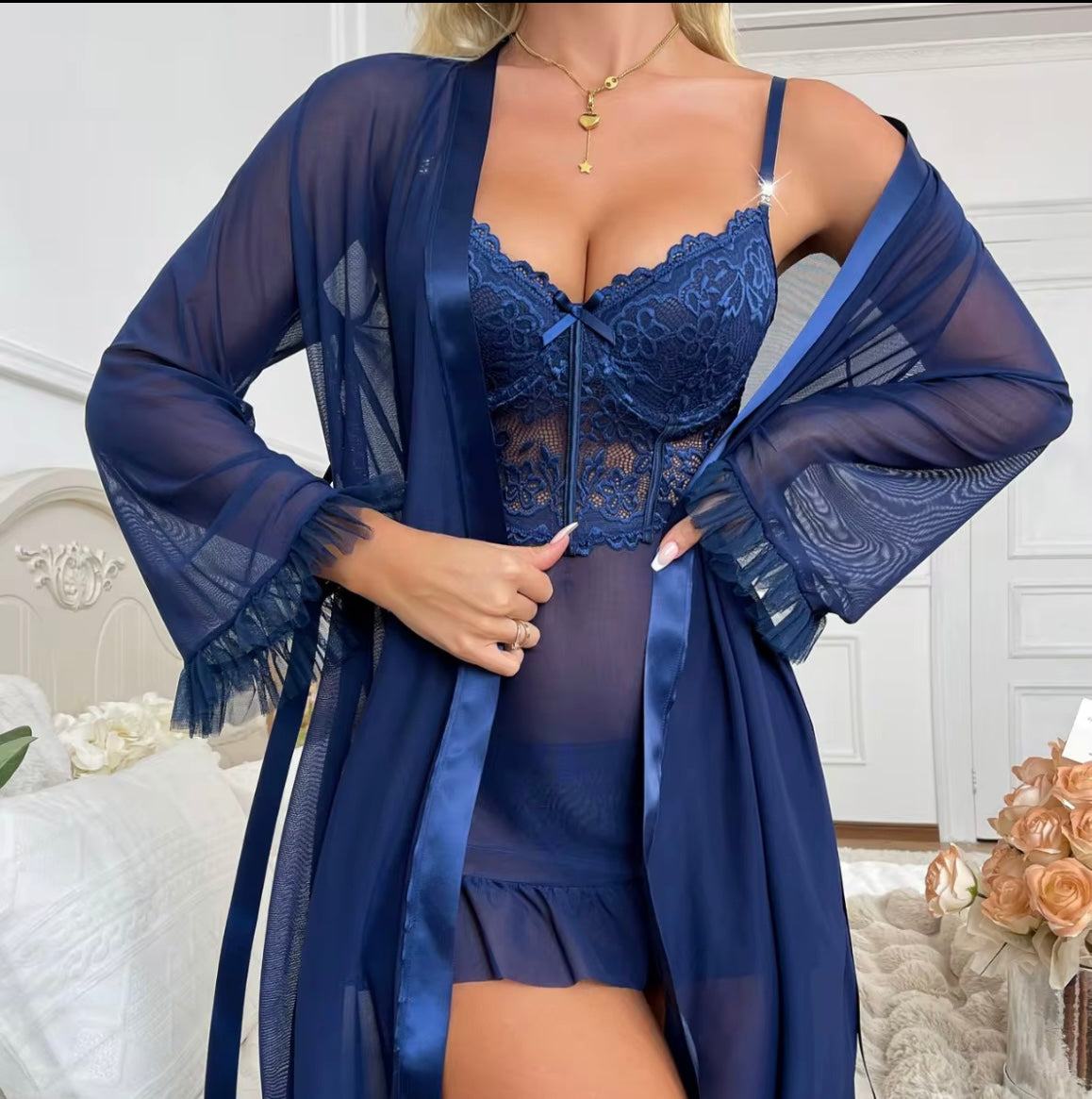 Vente en gros dentelle voir à travers glands nœud robes sexy lingerie imprimé floral ensemble de vêtements de nuit sexy - SMSB 66