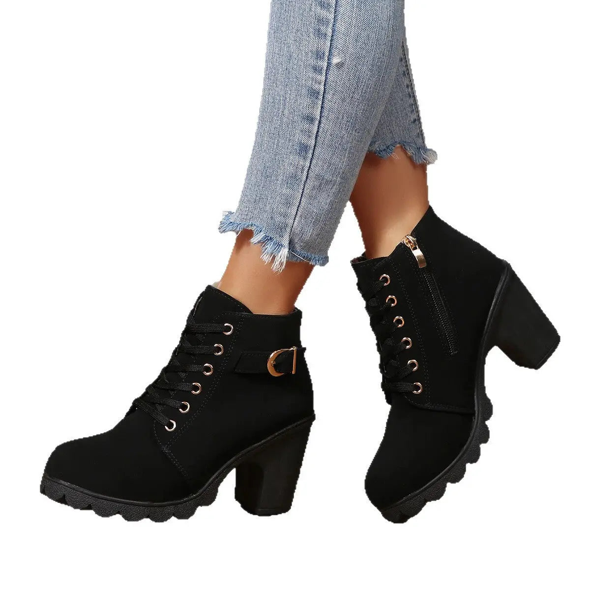 Chunky Heel Women's Leather Boots Low Cuff Round Toe High Heel Lace-Up Style with Heightening and Slimming Effect eprolo