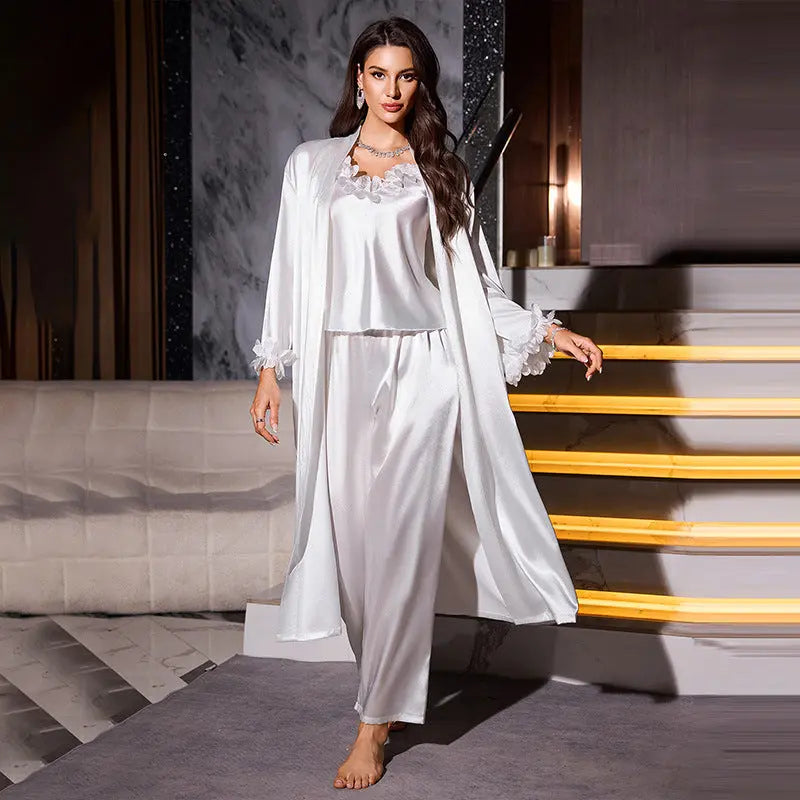 Comfortable Wearable at Home Camisole Shorts Robe Three-Piece Set - SMSB 66