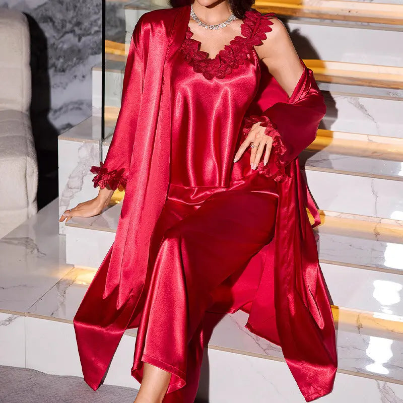 Comfortable Wearable at Home Camisole Shorts Robe Three-Piece Set - SMSB 66