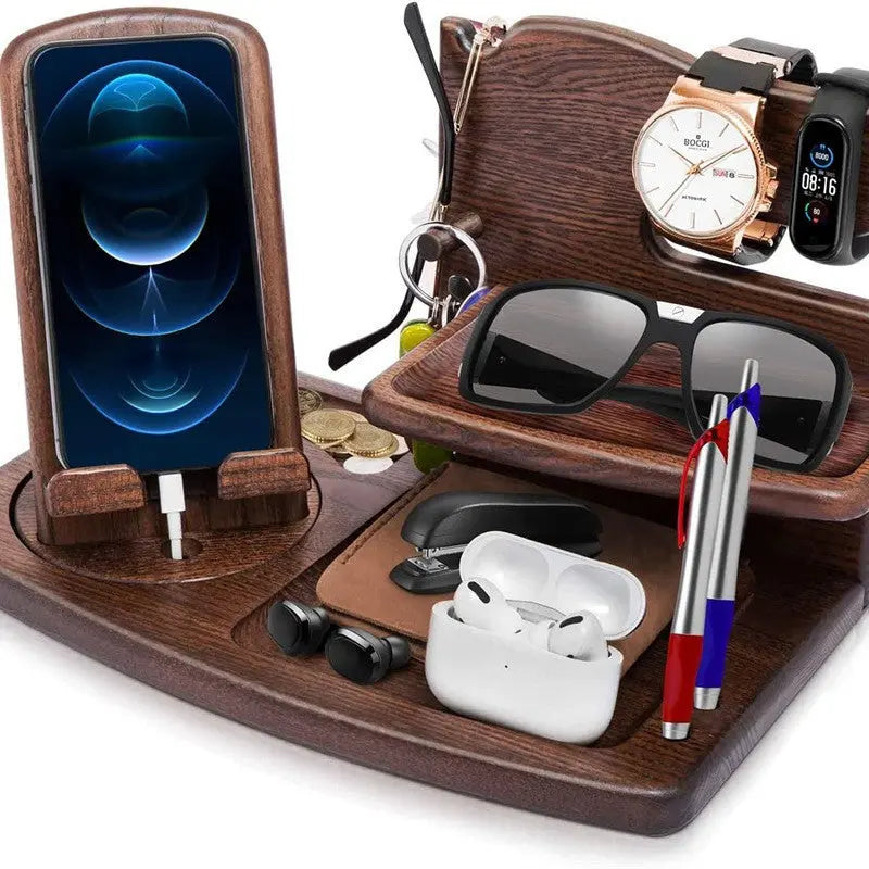 Creative Solid Wood Multi-functional Phone Stand with Charging Function, Office Desk Pine Wood Earphone and Small Item Organizer eprolo