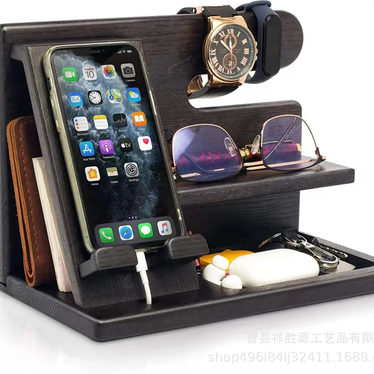 Creative Solid Wood Multi-functional Phone Stand with Charging Function, Office Desk Pine Wood Earphone and Small Item Organizer eprolo