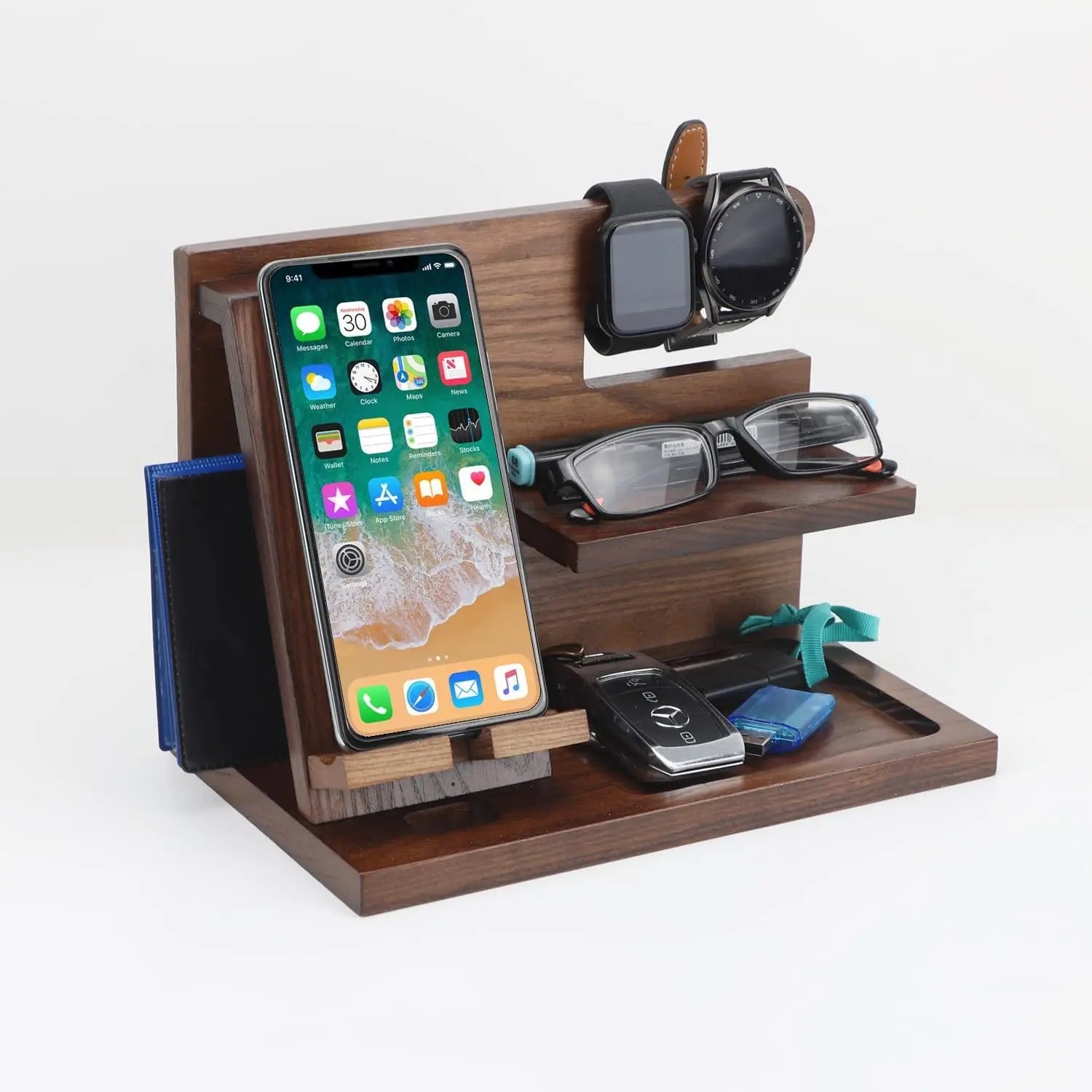 Creative Solid Wood Multi-functional Phone Stand with Charging Function, Office Desk Pine Wood Earphone and Small Item Organizer eprolo