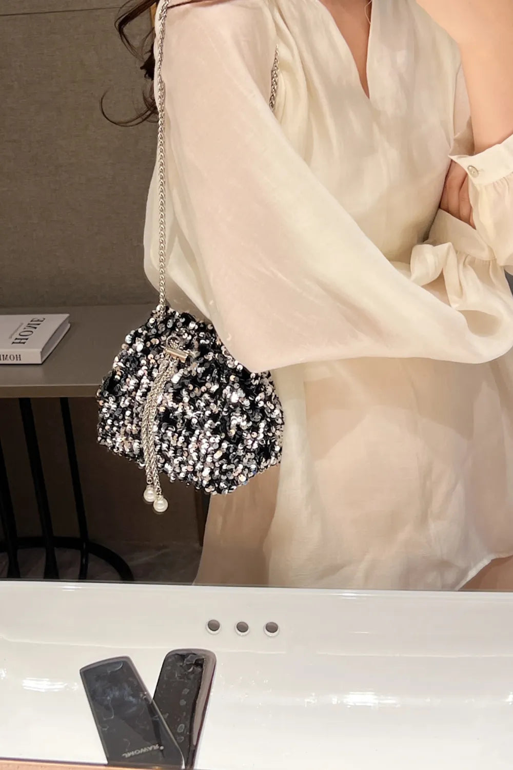 Sequin Chain Drawstring Bucket Bag - SMSB 66