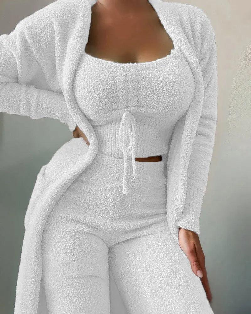 Fuzzy Three-Piece Set Tie-Up Pajama Set Casual Lounge Wear Women's Sleepwear Set eprolo