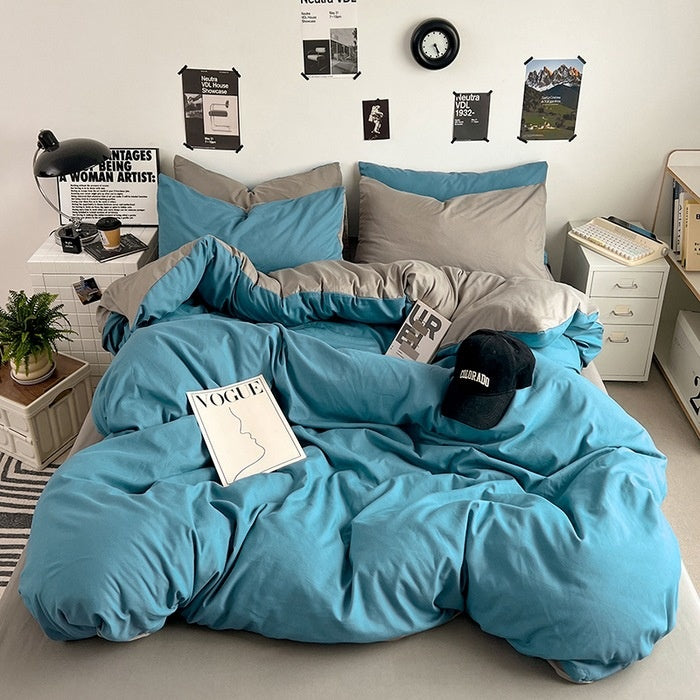 Washed Cotton Solid Color Double Spliced Four-Piece Bedding Set - Sheet, Quilt Cover, Pillowcases for Employee and Dormitory Use - SMSB 66