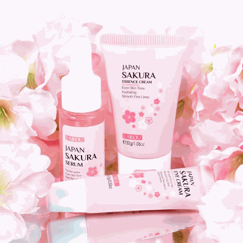 Nettoyant Visage Sakura skincare set with serum, essence cream, and eye cream featuring cherry blossom extract