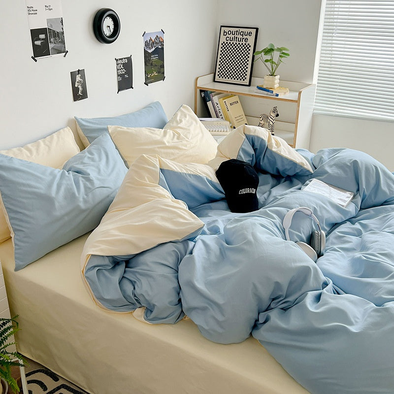 Washed Cotton Solid Color Double Spliced Four-Piece Bedding Set - Sheet, Quilt Cover, Pillowcases for Employee and Dormitory Use - SMSB 66