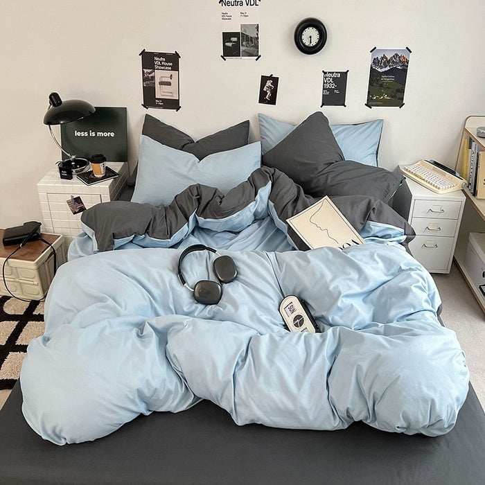 Washed Cotton Solid Color Double Spliced Four-Piece Bedding Set - Sheet, Quilt Cover, Pillowcases for Employee and Dormitory Use - SMSB 66