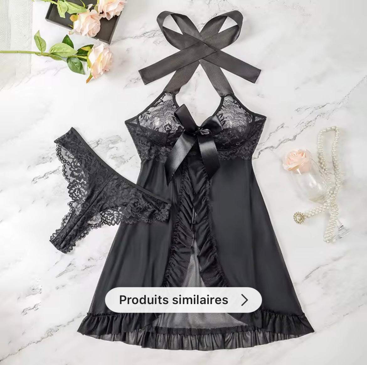 Vêtements de nuit pour femmes dentelle décoration florale profonde V suspendu cou conception confort chemise de nuit intime Sexy maille transparente chemise de nuit - SMSB 66