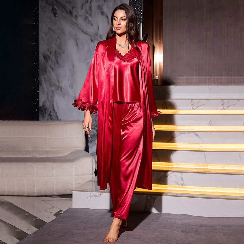 Comfortable Wearable at Home Camisole Shorts Robe Three-Piece Set - SMSB 66