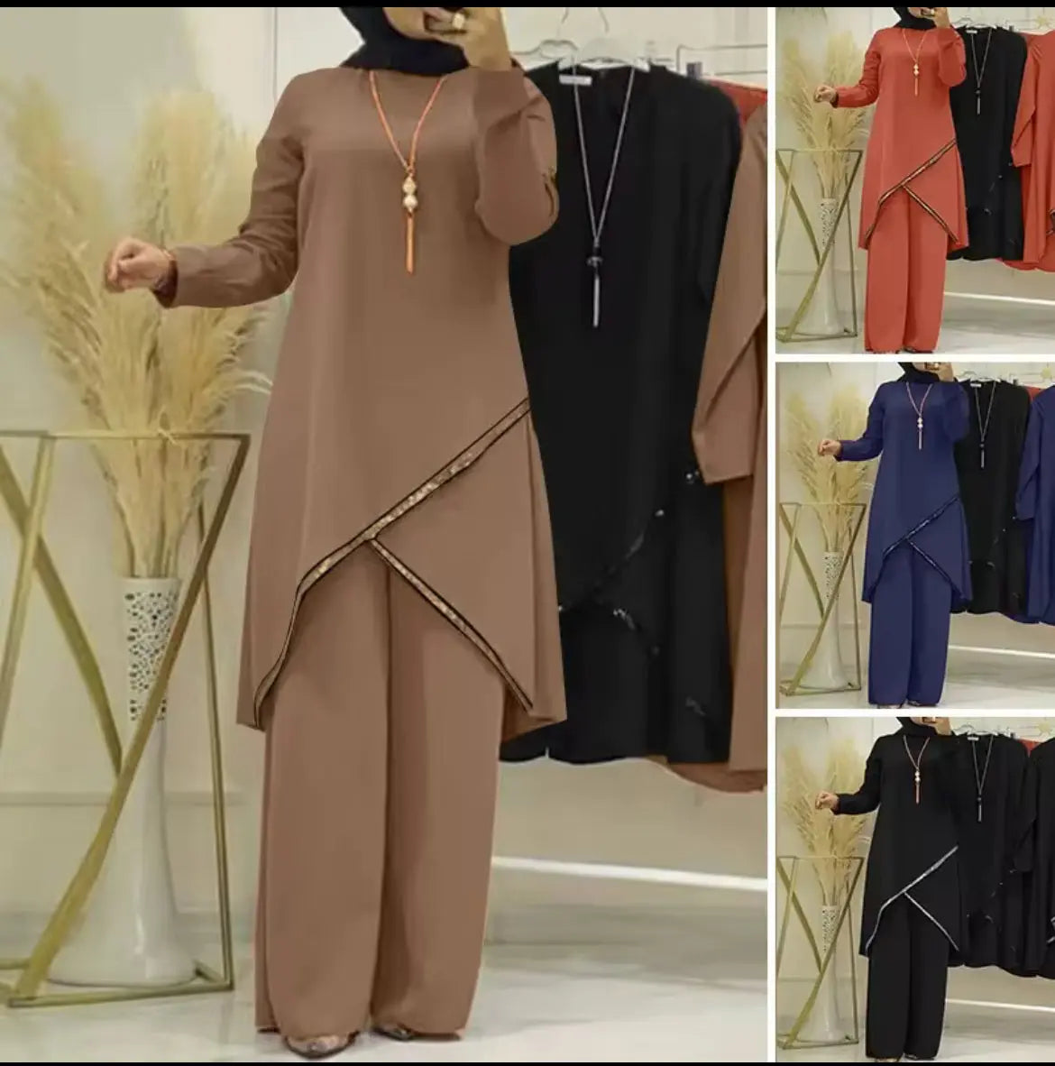 Ensemble Musulman Décontracté Deux Pièces
PROMISTAR pour Femme Manches Longues Col Rond Décoration en Dentelle Pantalon Ample et Chemise Printemps Automne Hiver Été SMSB 66