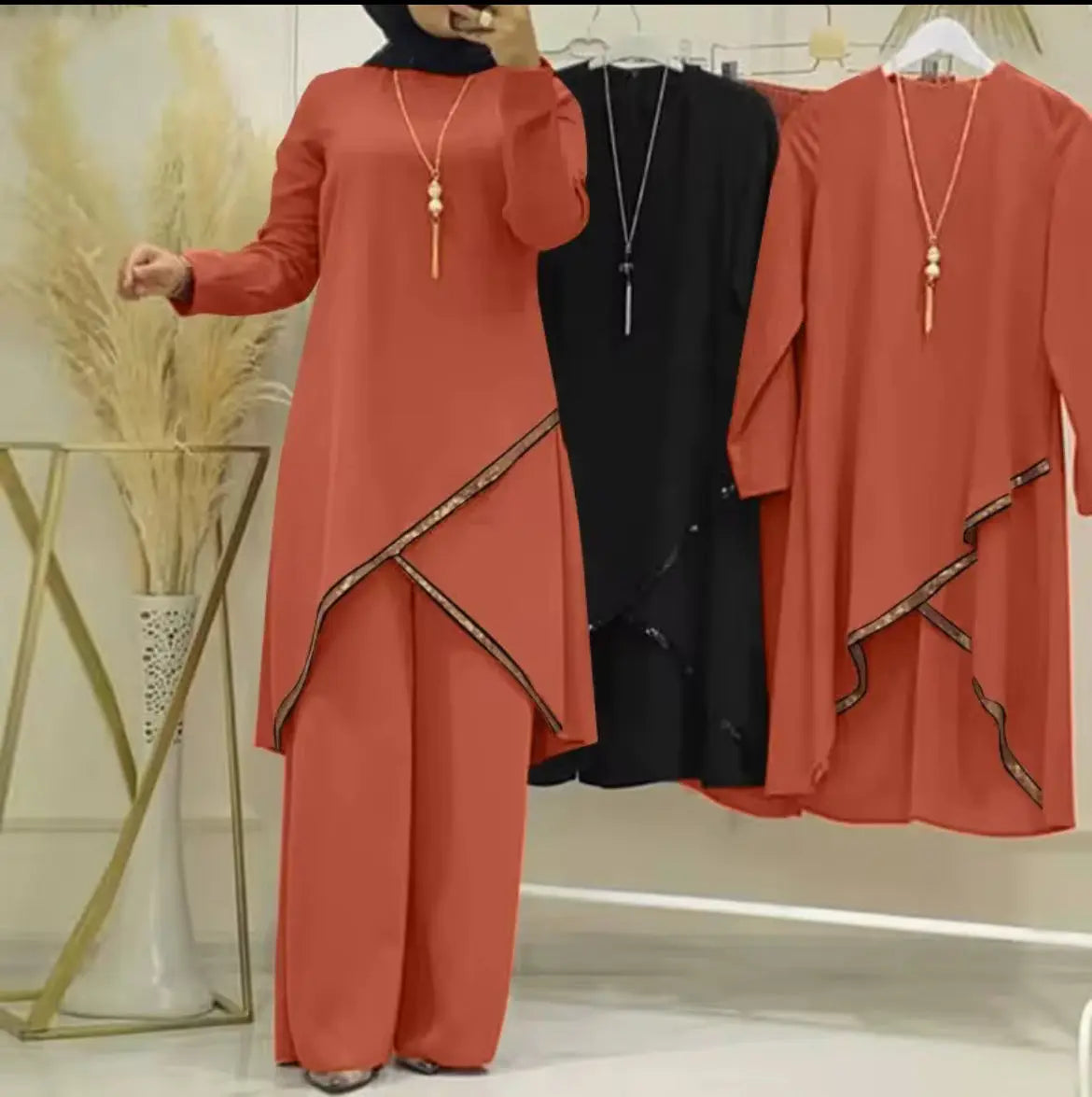 Ensemble Musulman Décontracté Deux Pièces
PROMISTAR pour Femme Manches Longues Col Rond Décoration en Dentelle Pantalon Ample et Chemise Printemps Automne Hiver Été SMSB 66