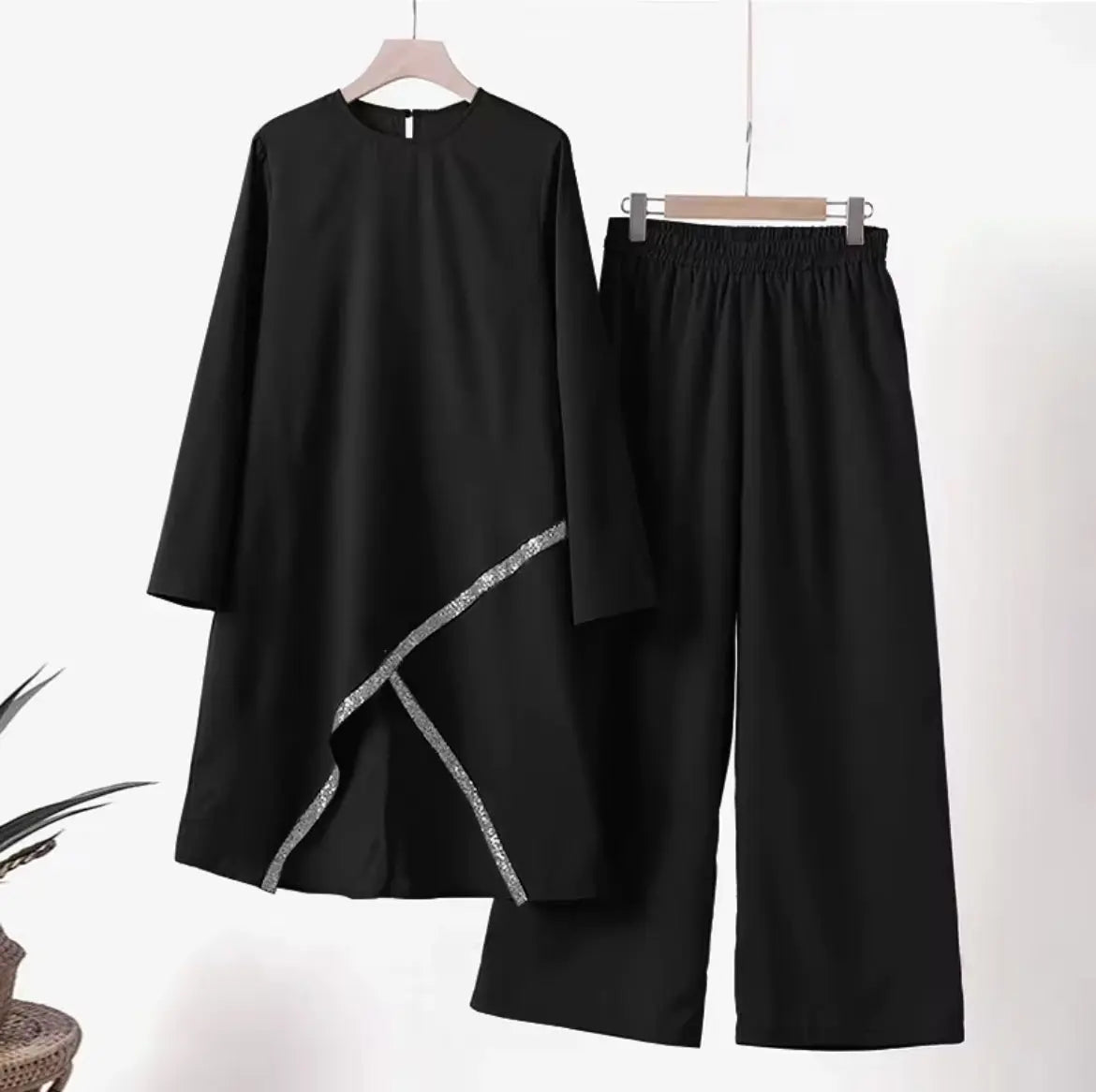 Ensemble Musulman Décontracté Deux Pièces
PROMISTAR pour Femme Manches Longues Col Rond Décoration en Dentelle Pantalon Ample et Chemise Printemps Automne Hiver Été SMSB 66