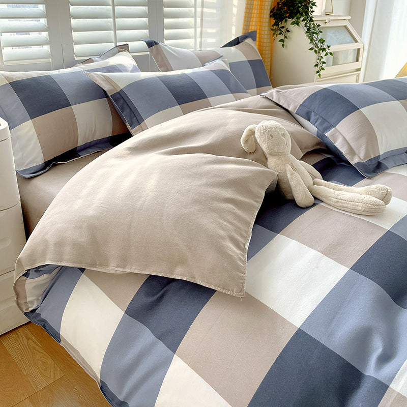 Minimalist Pure Water-Washed Cotton Bedding Set Flannel Grid Good Quality Fitted Sheet Version Student Dormitory Three-Piece Set - SMSB 66