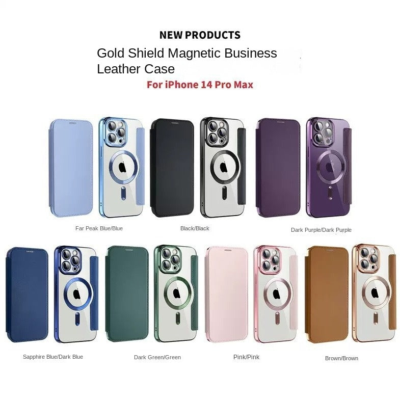 Suitable for iPhone 16 gold shield electroplated magnetic flip cover leather case Apple 15 all inclusive lens 14 protective case - SMSB 66
