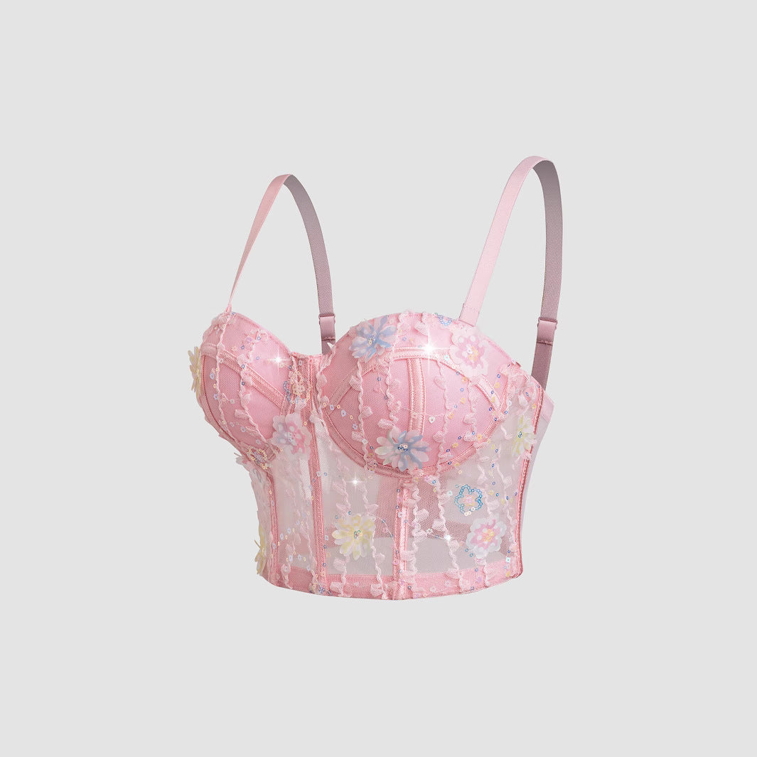 Women's Bra Set Ultra-thin Mesh Fishbone Steel Ring Gathered Embroidered Underwear - SMSB 66