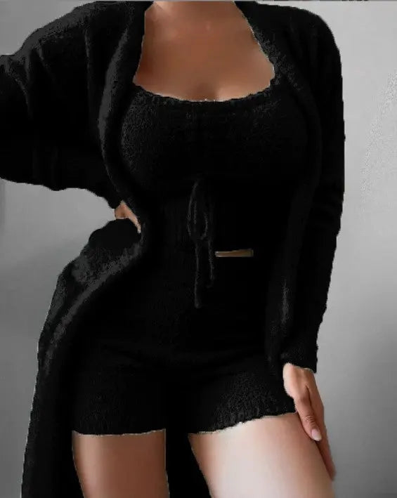 Fuzzy Three-Piece Set Tie-Up Pajama Set Casual Lounge Wear Women's Sleepwear Set eprolo