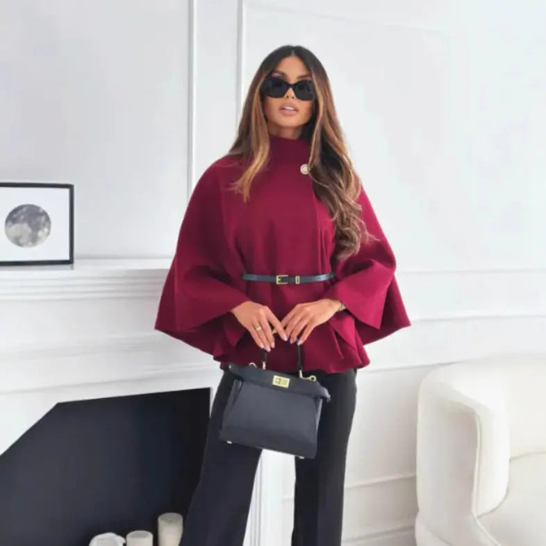 Fashionable Elegant Woolen Cape Coat for Women with Belted Waist, Solid Color, Winter Style eprolo