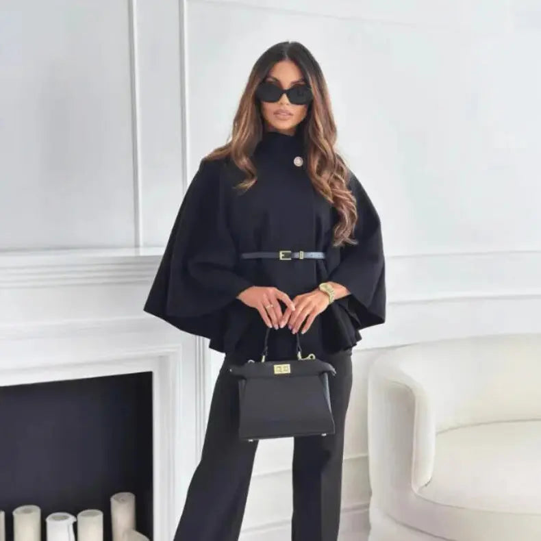 Fashionable Elegant Woolen Cape Coat for Women with Belted Waist, Solid Color, Winter Style eprolo