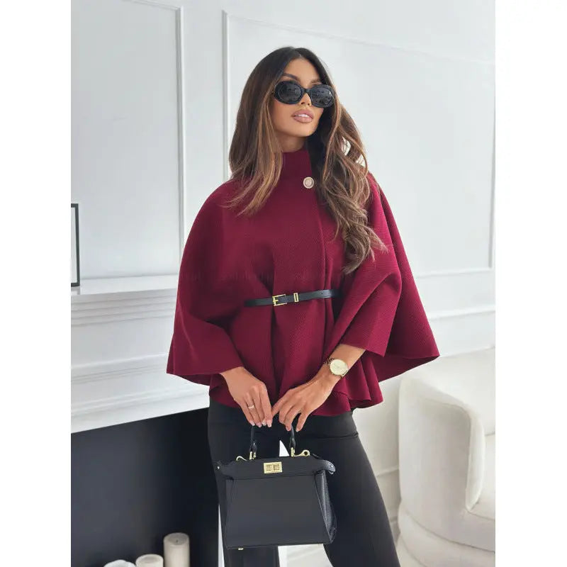 Fashionable Elegant Woolen Cape Coat for Women with Belted Waist, Solid Color, Winter Style eprolo